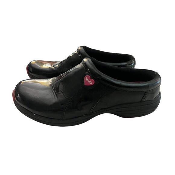 Sanita O2 Womens Black Patent Leather Slip-On Clogs With Red Soles - Picture 3 of 7